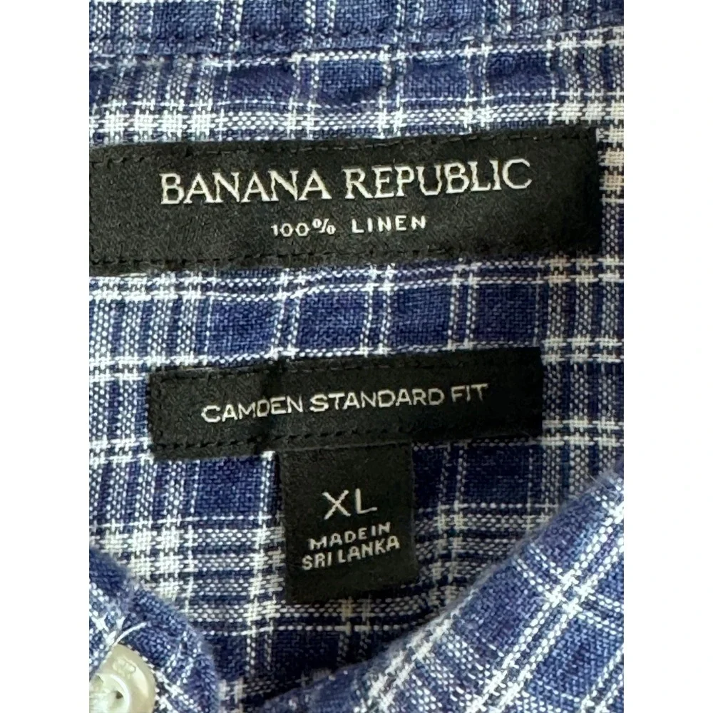 Banana Republic Mens XL Blue Plaid 100% Linen Short Sleeve Shirt Camden Fit